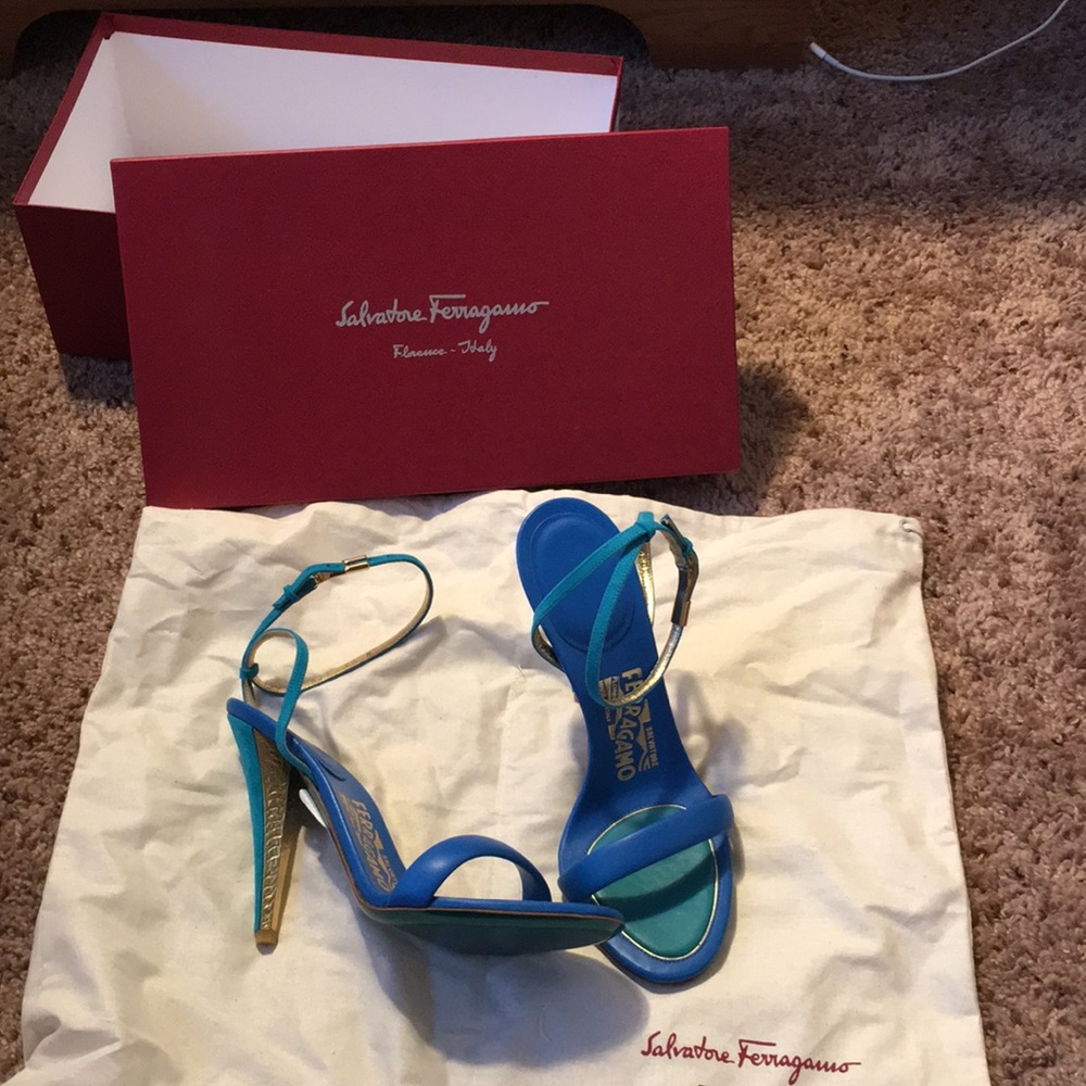 Blue gold and green heels by Salvatore Ferragamo